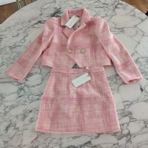 LoveShackFancy Pink Tweed Plaid Cropped Jacket and Skirt Set